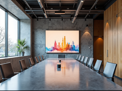 公司新闻发布会现场,现代化会议厅,大屏幕显示公司标志,员工专注聆听,专业商务环境