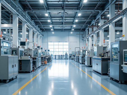 东莞丹罗电器有限公司现代化生产车间,宽敞明亮的工厂环境,先进的生产设备,工人正在操作精密机械,蓝色背景