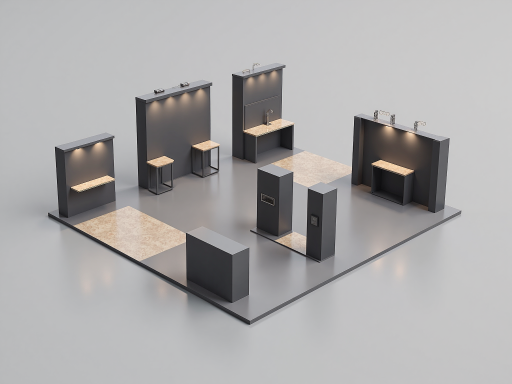 公司参加国际展会现场,展台设计现代简约,工作人员与客户交流,展示产品细节